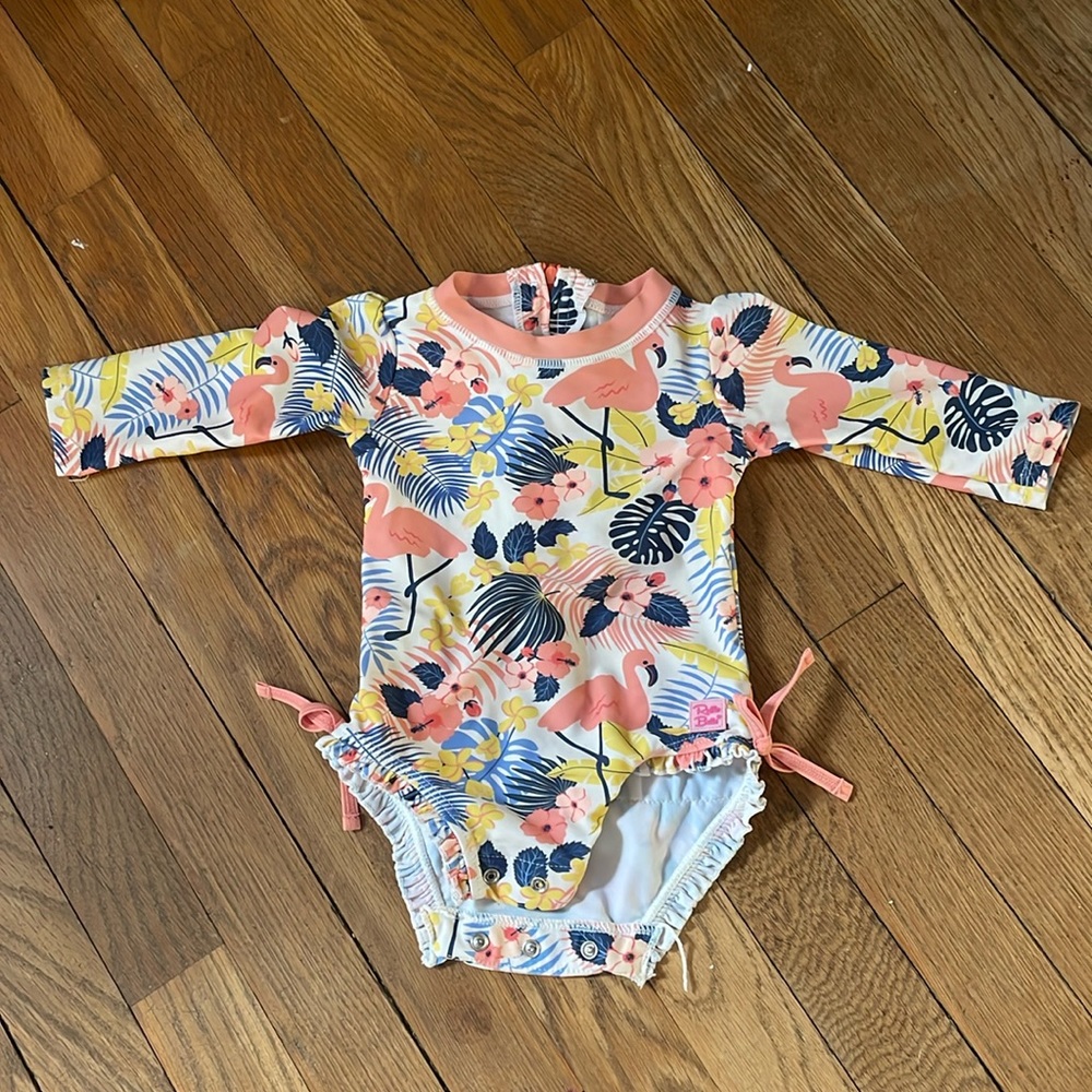 Great condition girls swim one piece ruffle butt 6-12 month flamingo flowers